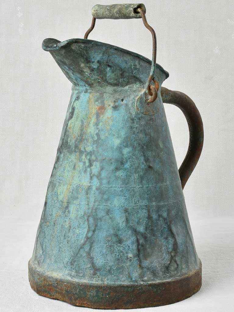 19th century copper pitcher w/ verdigris patina 16½"