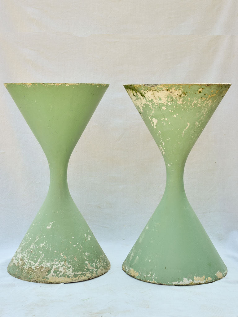 Pair of large Willy Guhl Diabolo planters with blue / green patina 37¾"