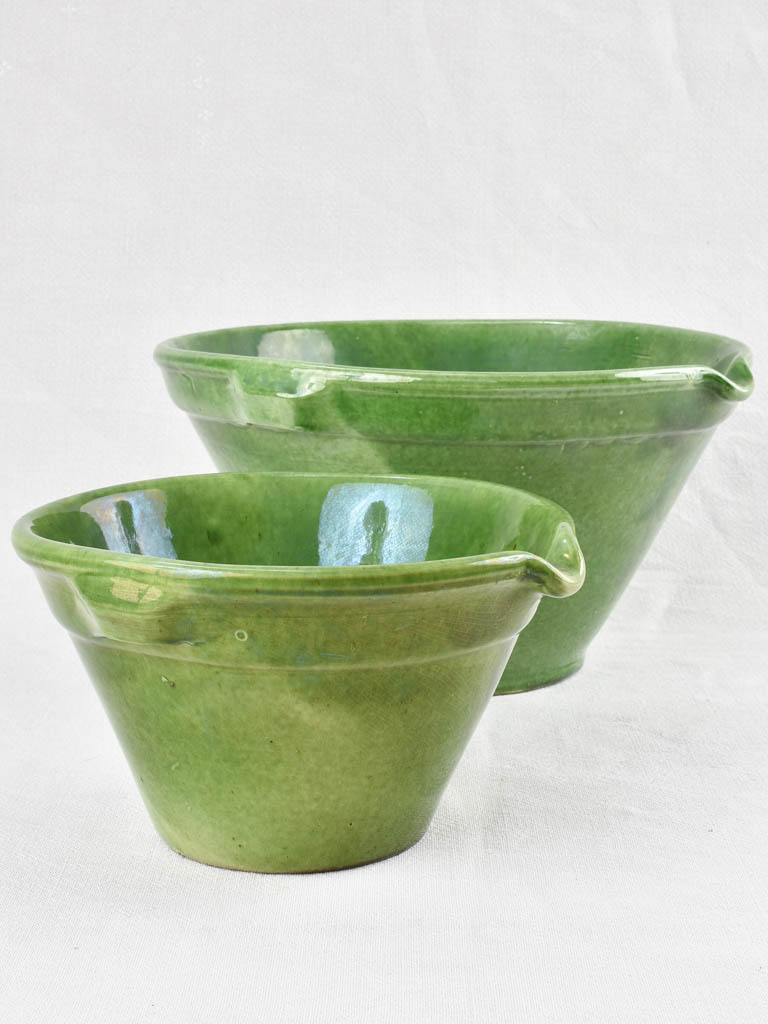 2 Green glazed mixing bowls with pouring beaks