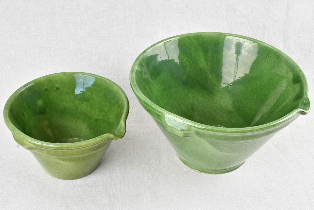 2 Green glazed mixing bowls with pouring beaks