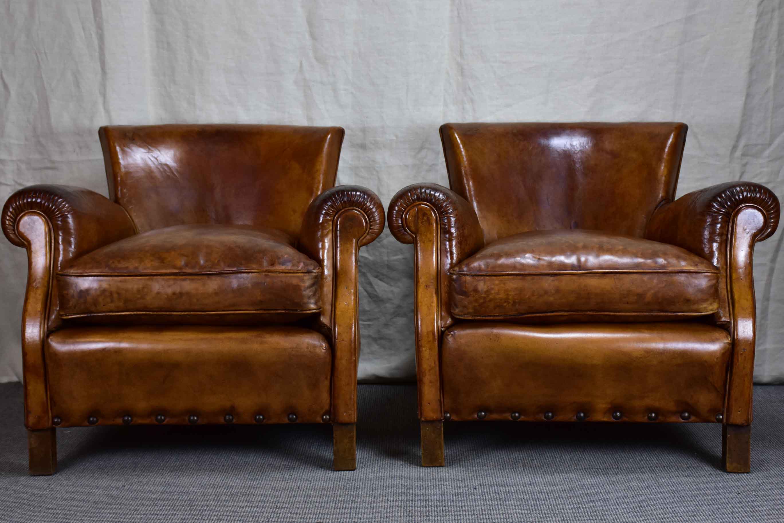 Pair of petite French leather club chairs - 1930's