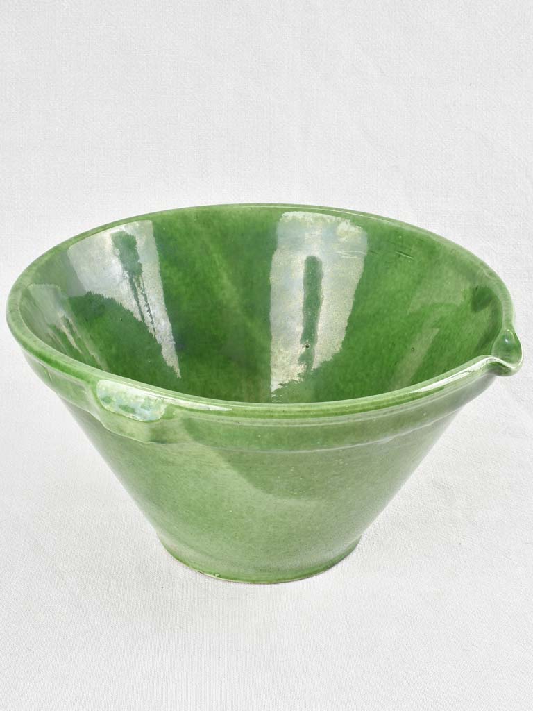 2 Green glazed mixing bowls with pouring beaks