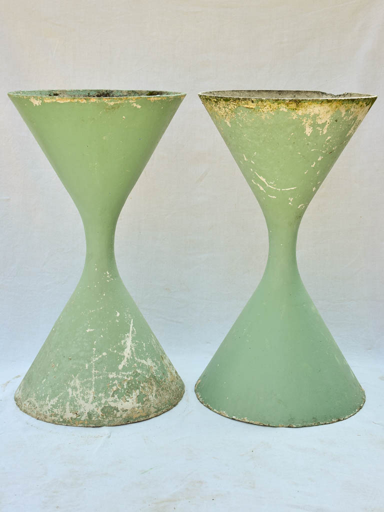 Pair of large Willy Guhl Diabolo planters with blue / green patina 37¾"