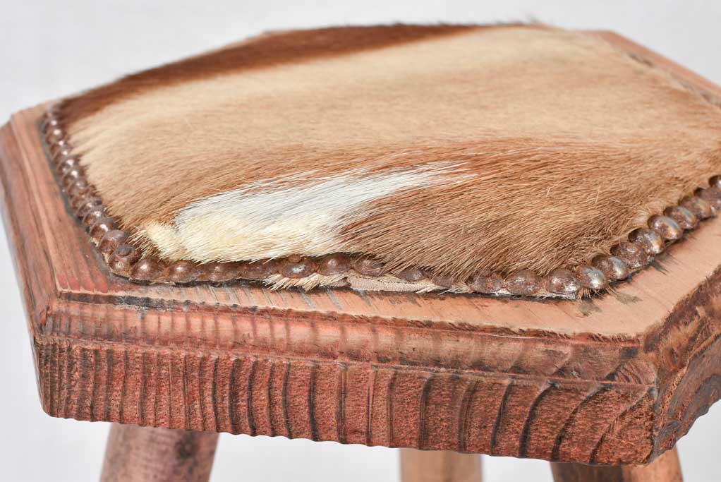 2 vintage wooden stools with fur upholstery 15"