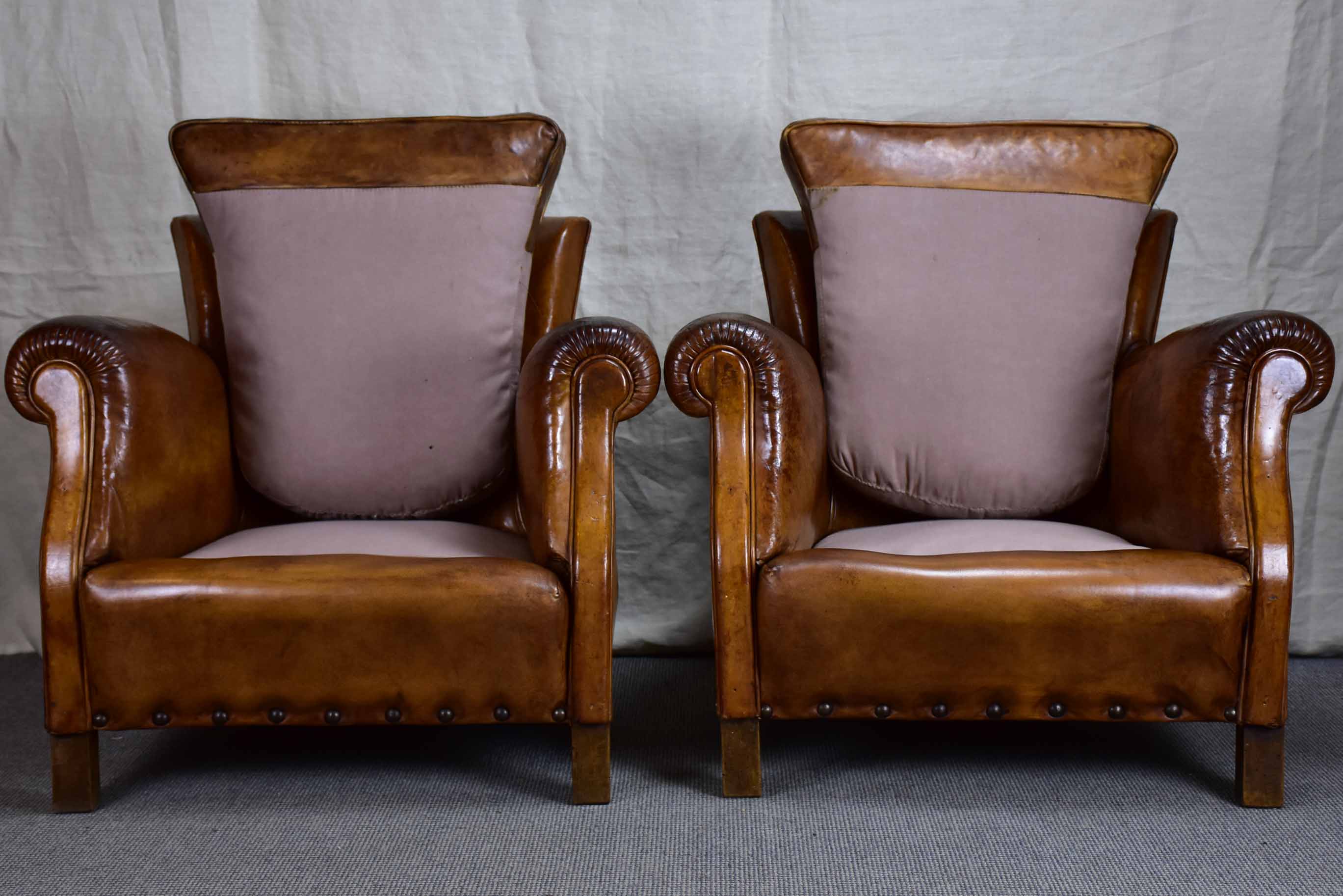 Pair of petite French leather club chairs - 1930's