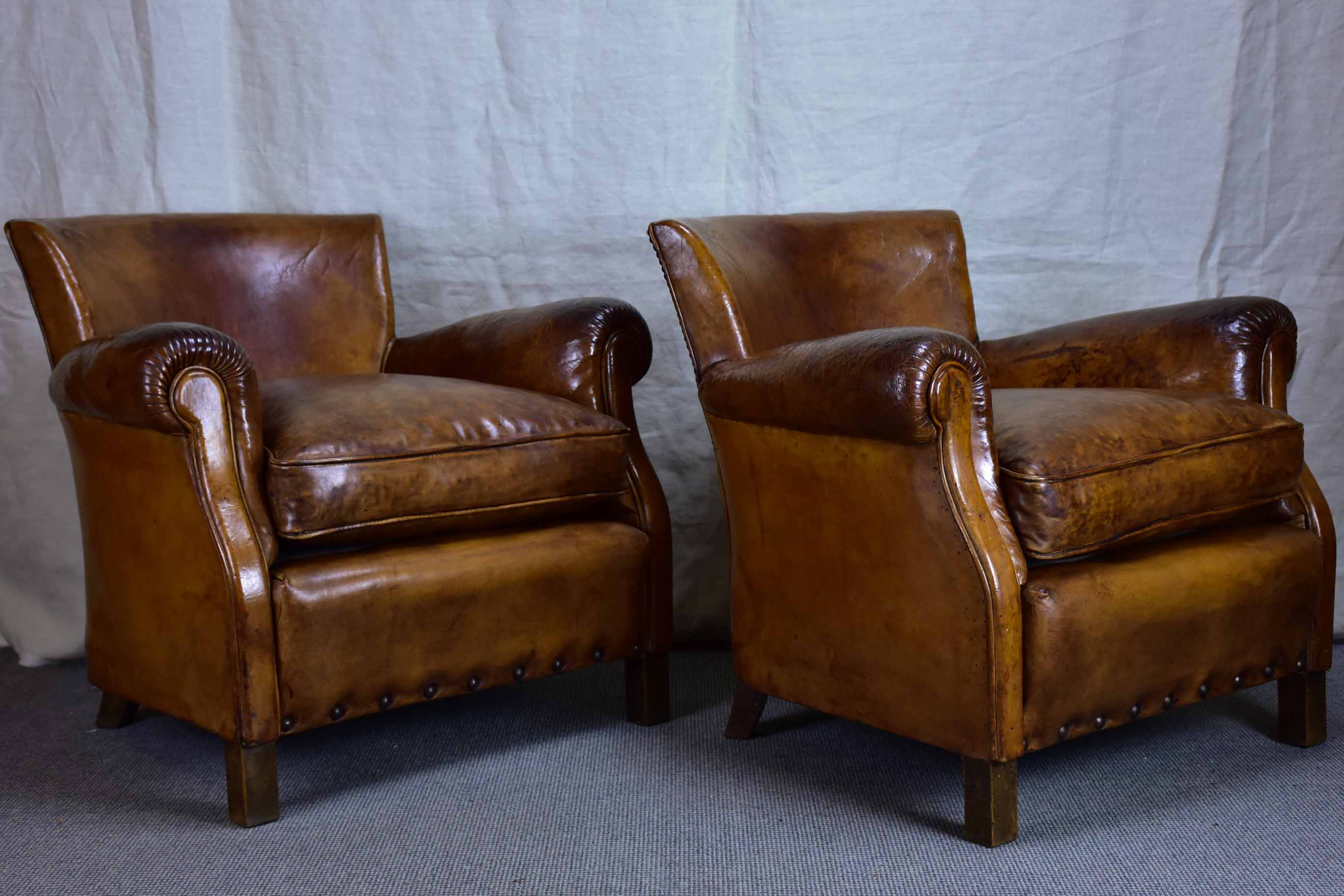 Pair of petite French leather club chairs - 1930's