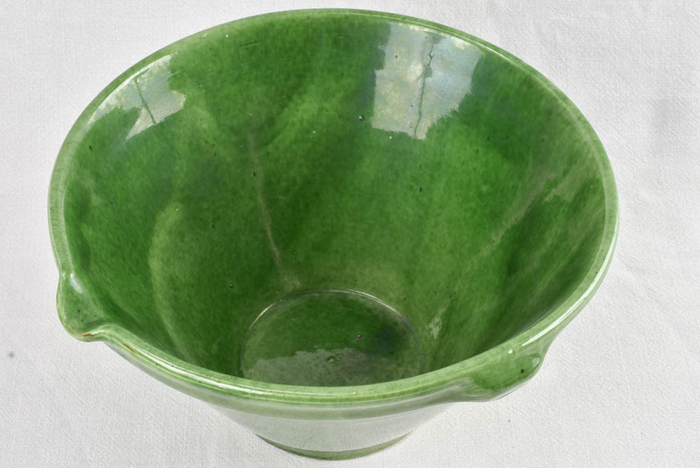 2 Green glazed mixing bowls with pouring beaks