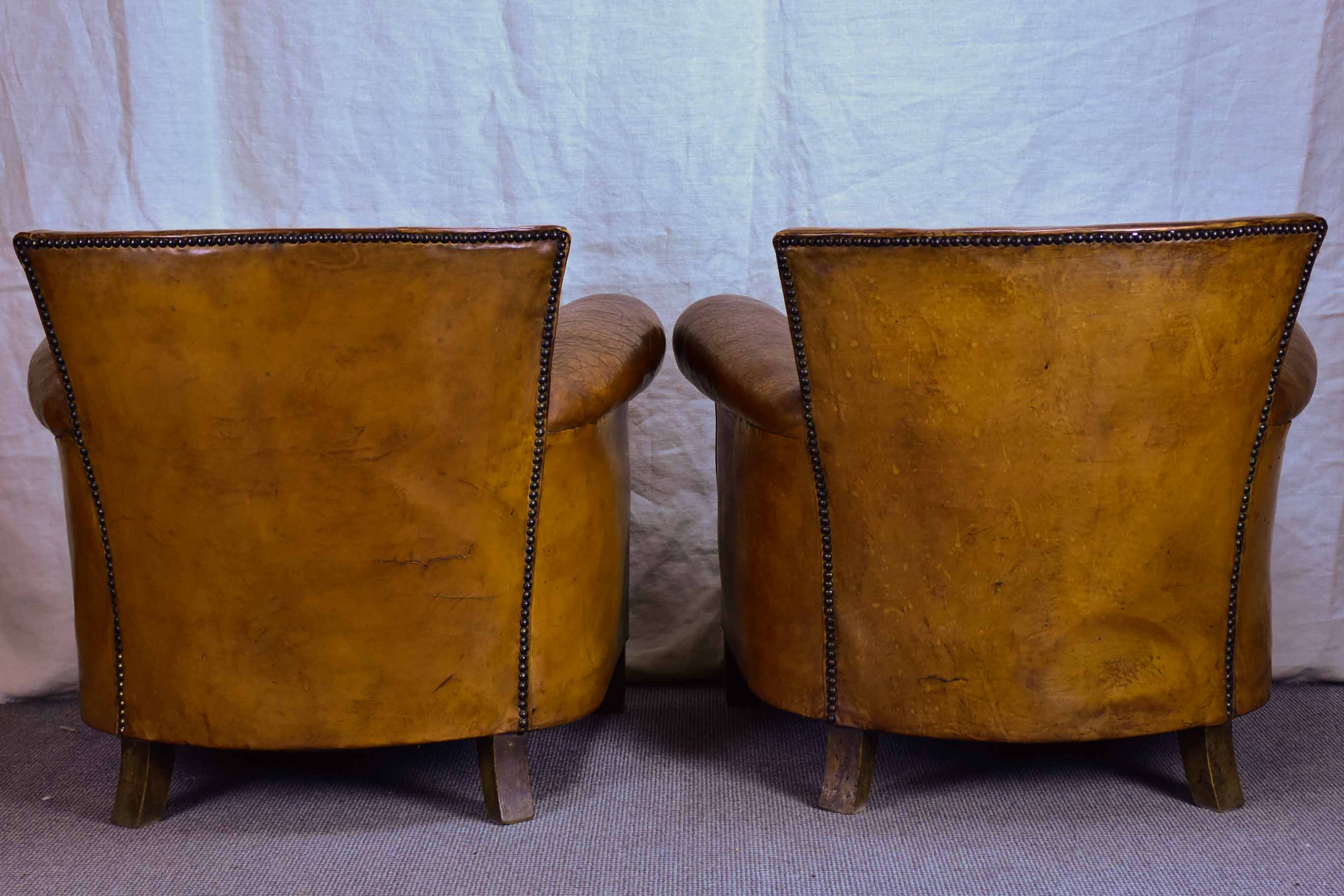 Pair of petite French leather club chairs - 1930's