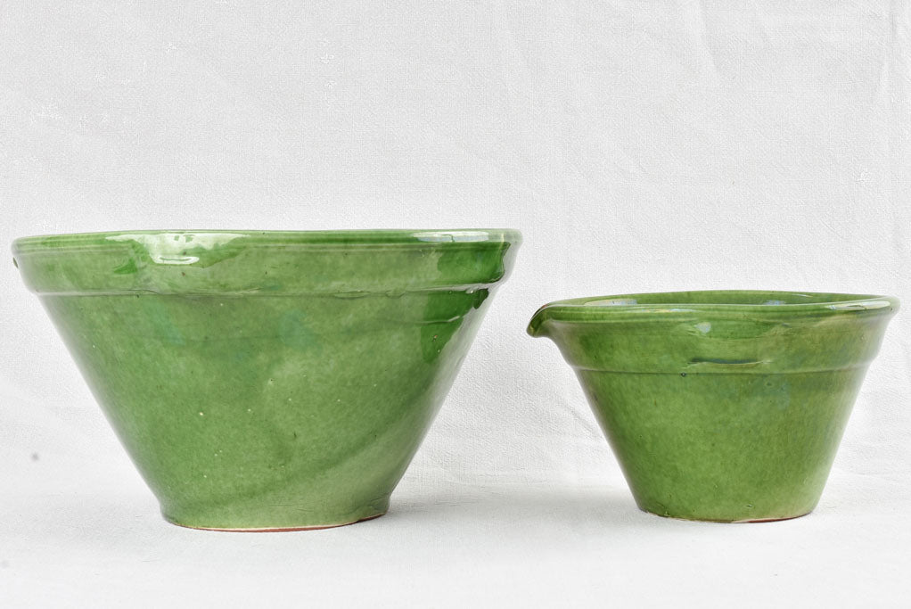 2 Green glazed mixing bowls with pouring beaks