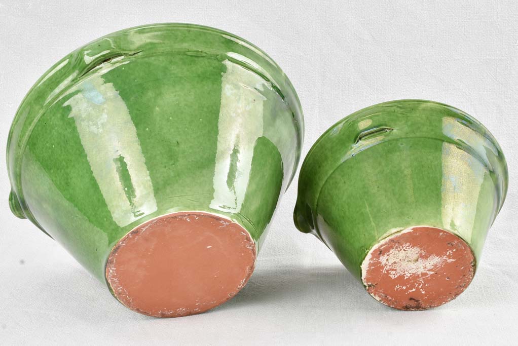 2 Green glazed mixing bowls with pouring beaks