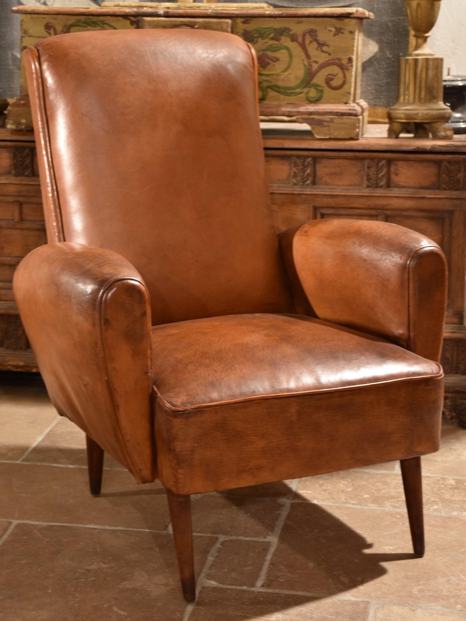 French leather club chair – 1960’s with tapered legs