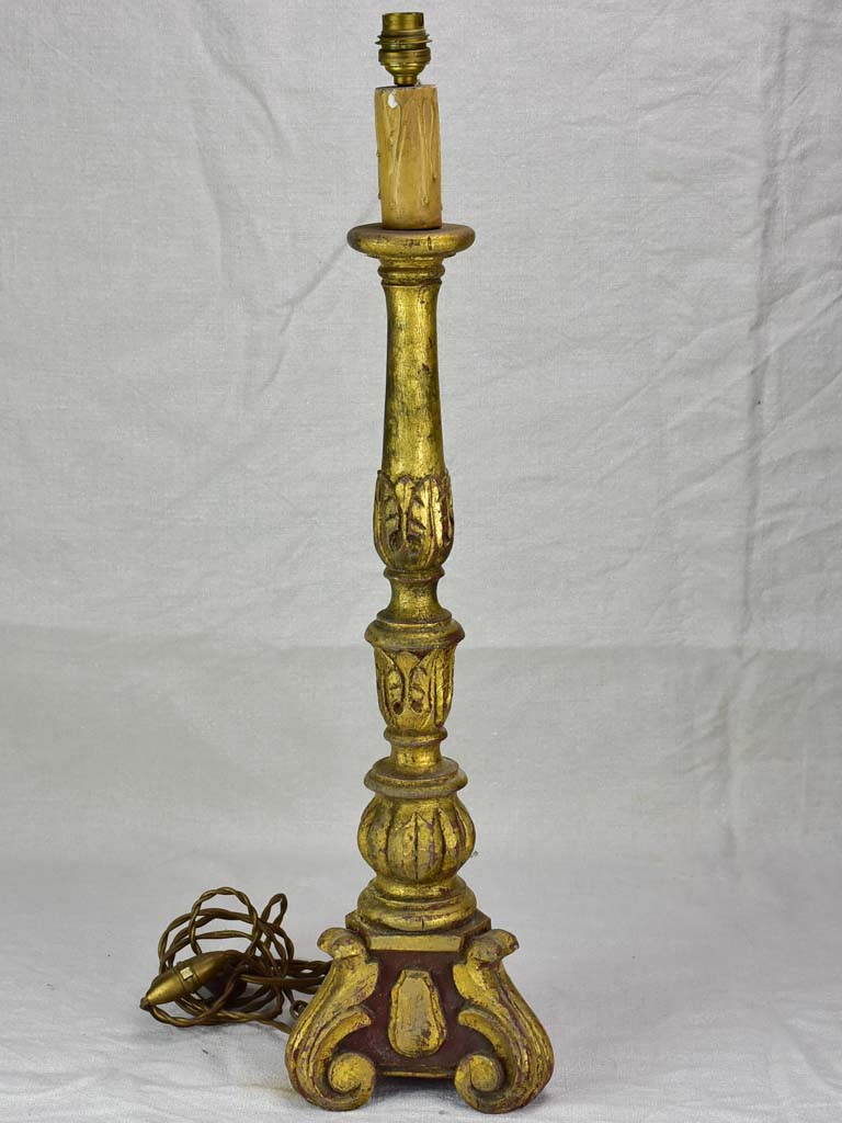 Large antique French candlestick lamp base - brown and gold 25½"