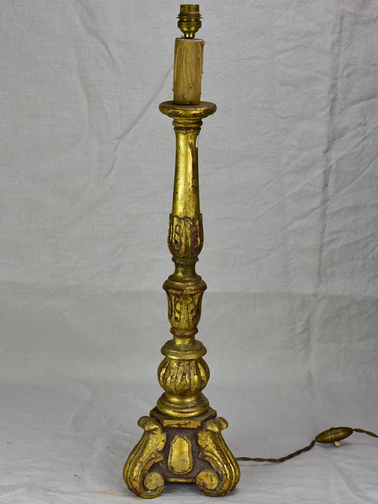 Large antique French candlestick lamp base - brown and gold 25½"