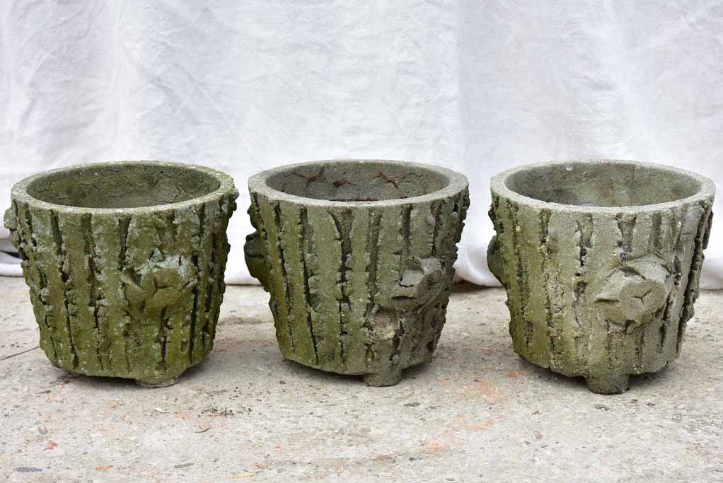 Three antique French faux bois flower pots with feet