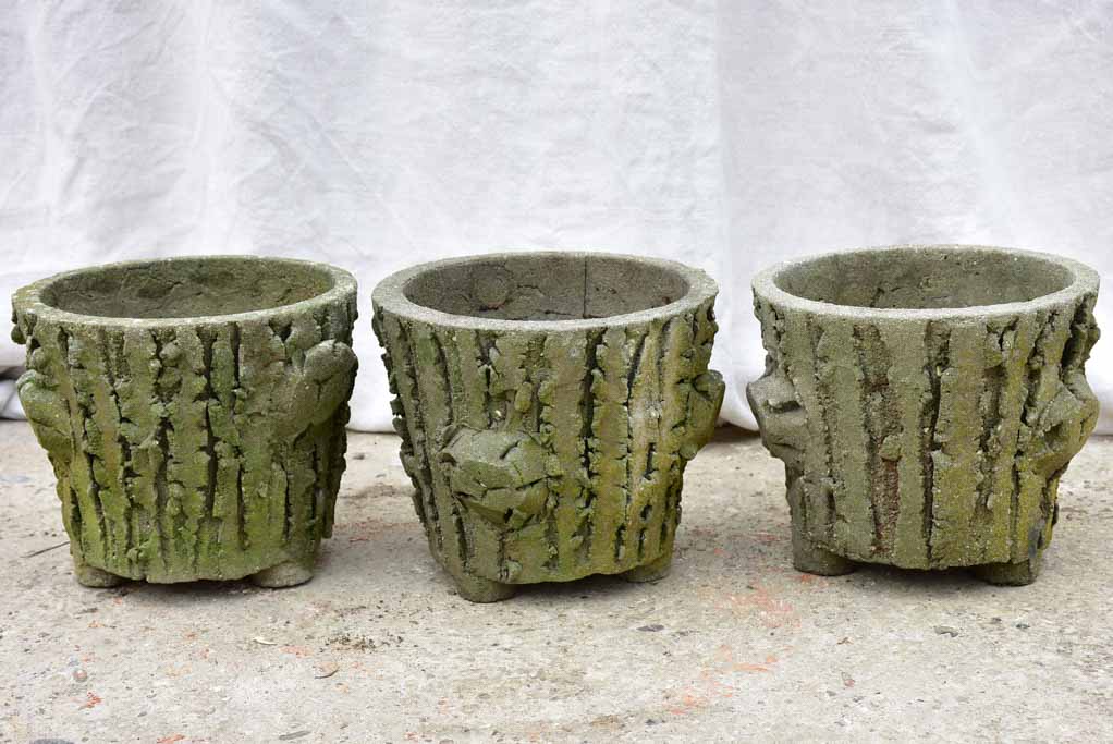 Three antique French faux bois flower pots with feet