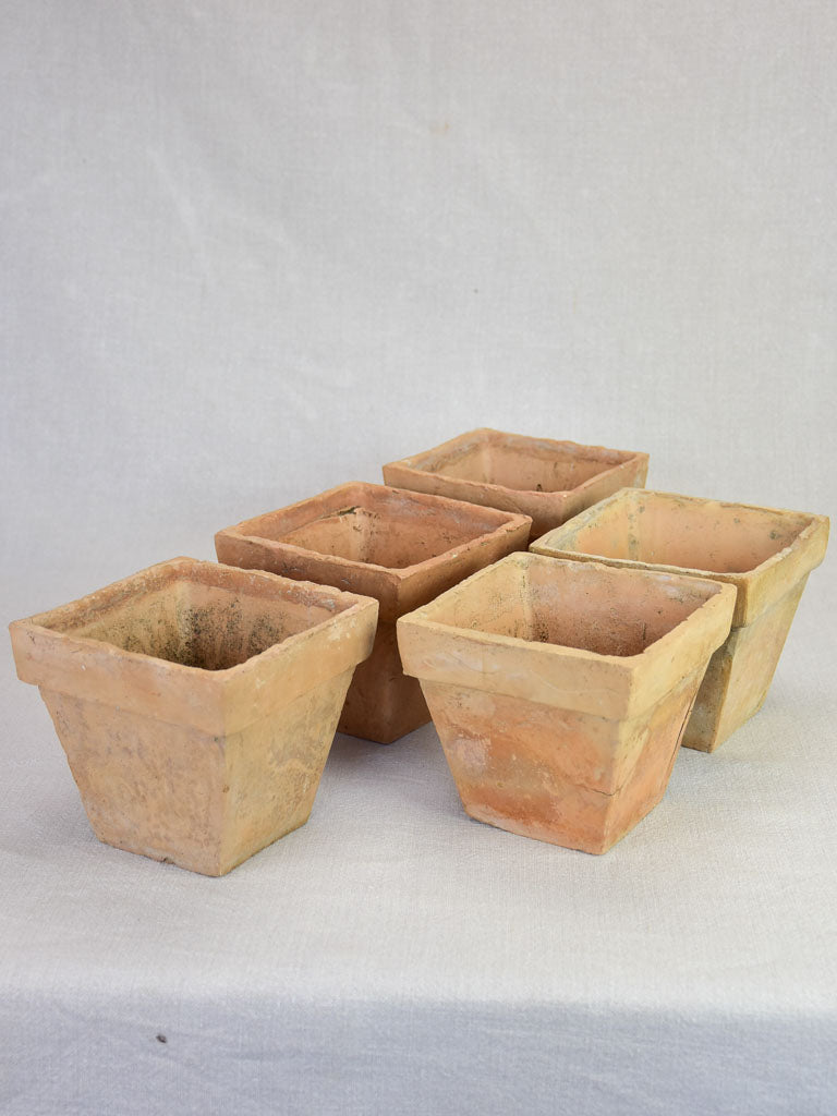 Collection of five antique French square terracotta pots 5½"