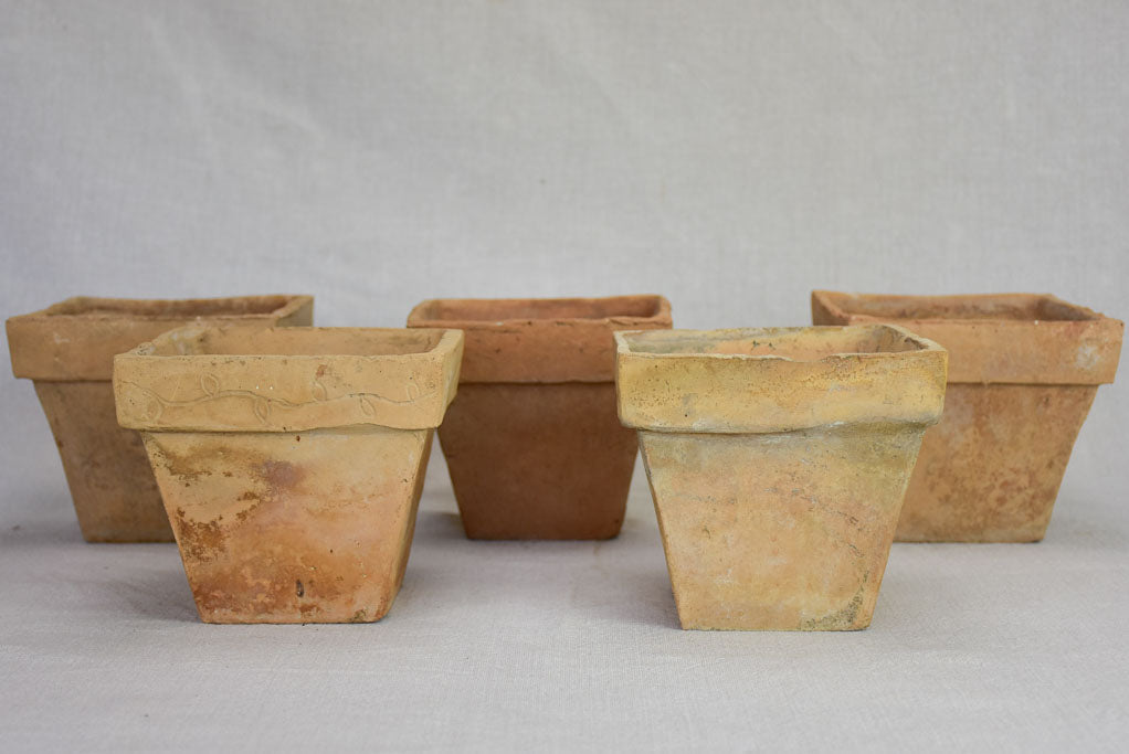 Collection of five antique French square terracotta pots 5½"