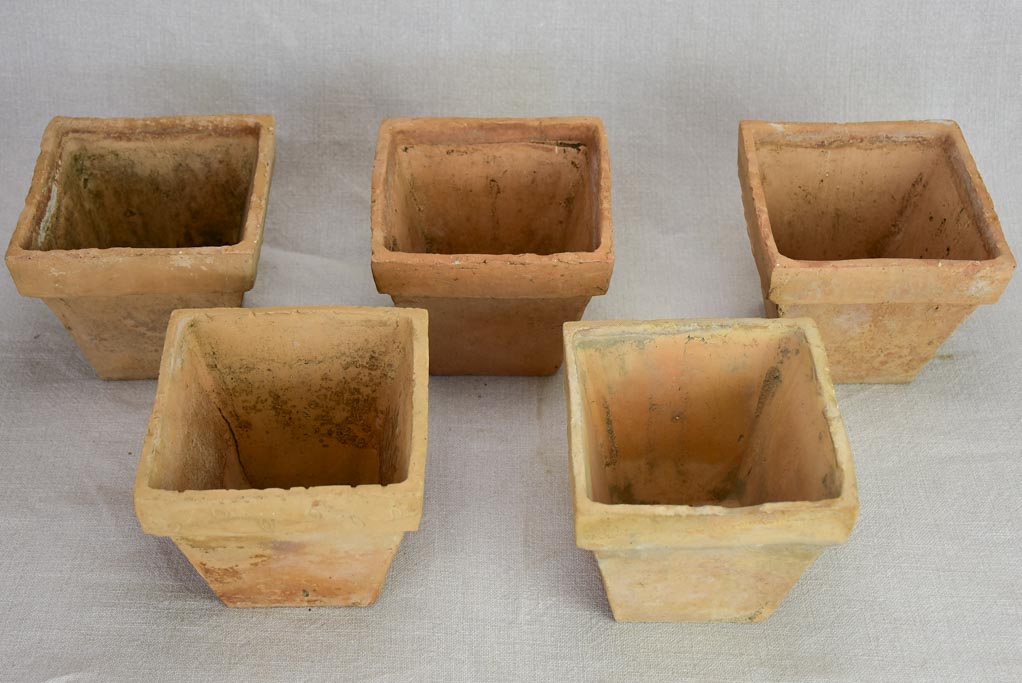 Collection of five antique French square terracotta pots 5½"