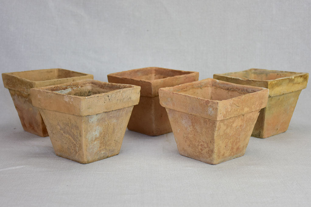 Collection of five antique French square terracotta pots 5½"