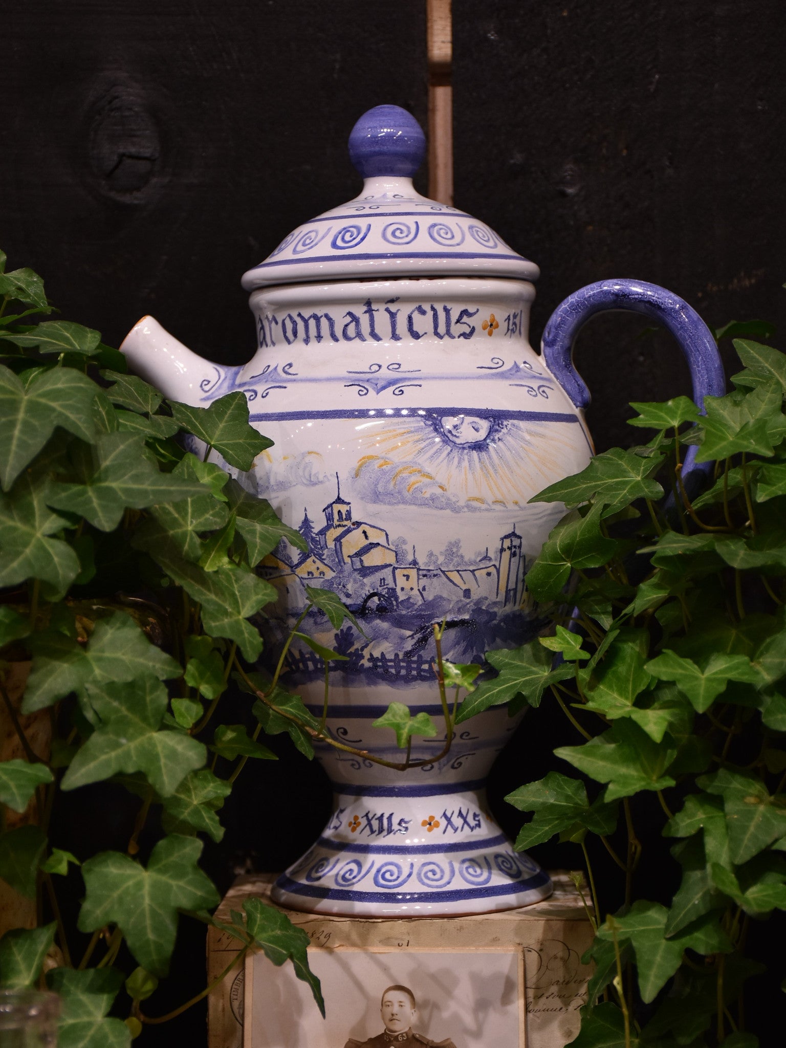 Vintage blue and white French apothecary jug