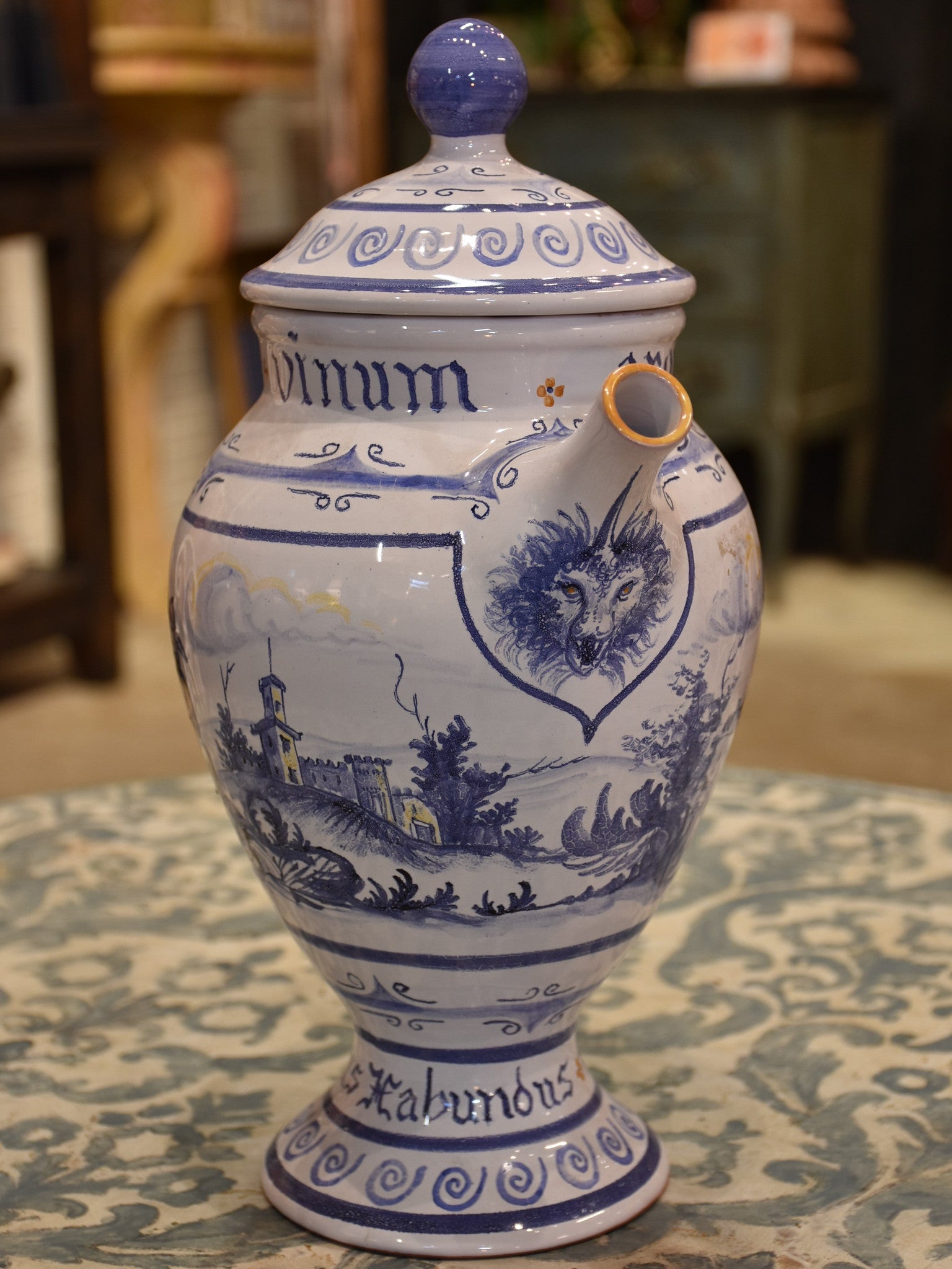 Vintage blue and white French apothecary jug