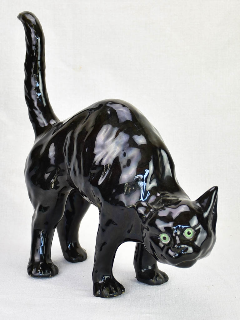 Antique French black cat - roof sculpture attributed to La Poterie du Mesnil de Bavent 15¼"