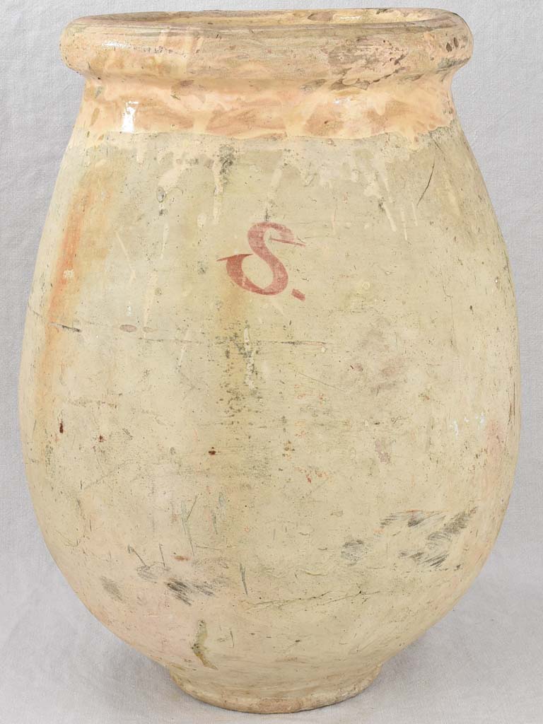 Medium early 19th century French olive jar with 'S' 24¾"