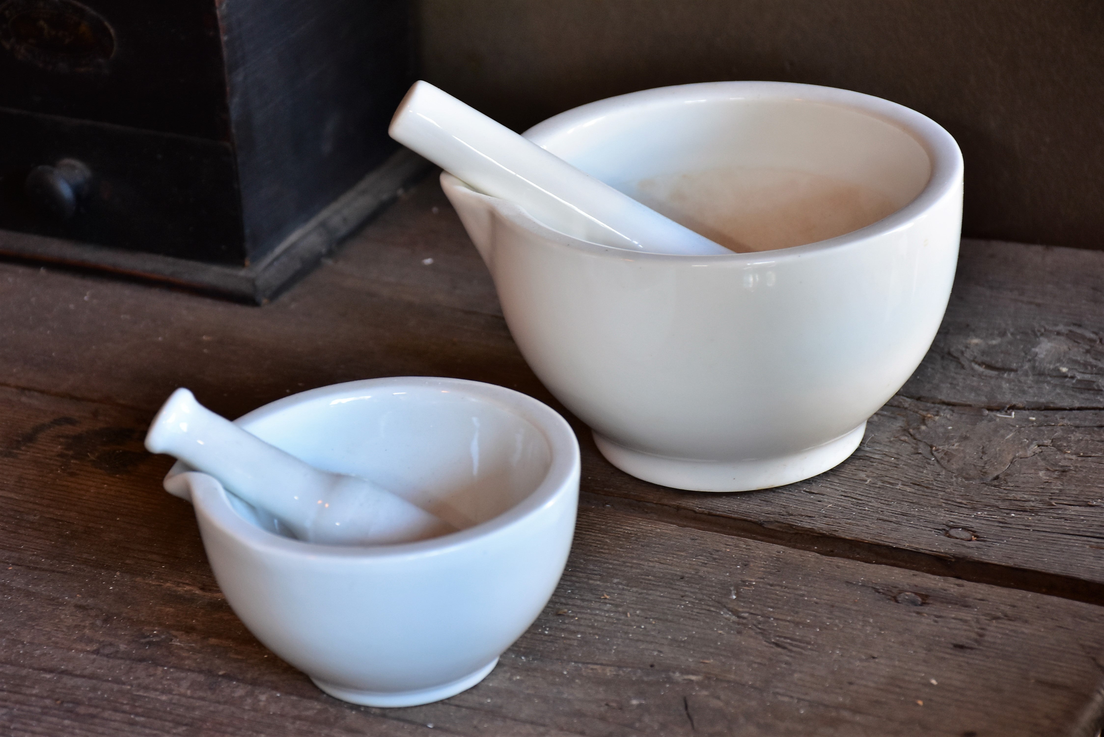 Set of two petite French pharmacy mortar and pestles