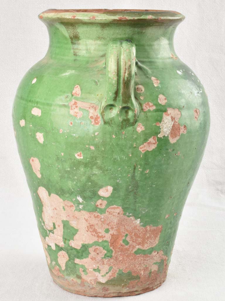 Large antique French oil jar with 2 handles & green glaze 10¼"