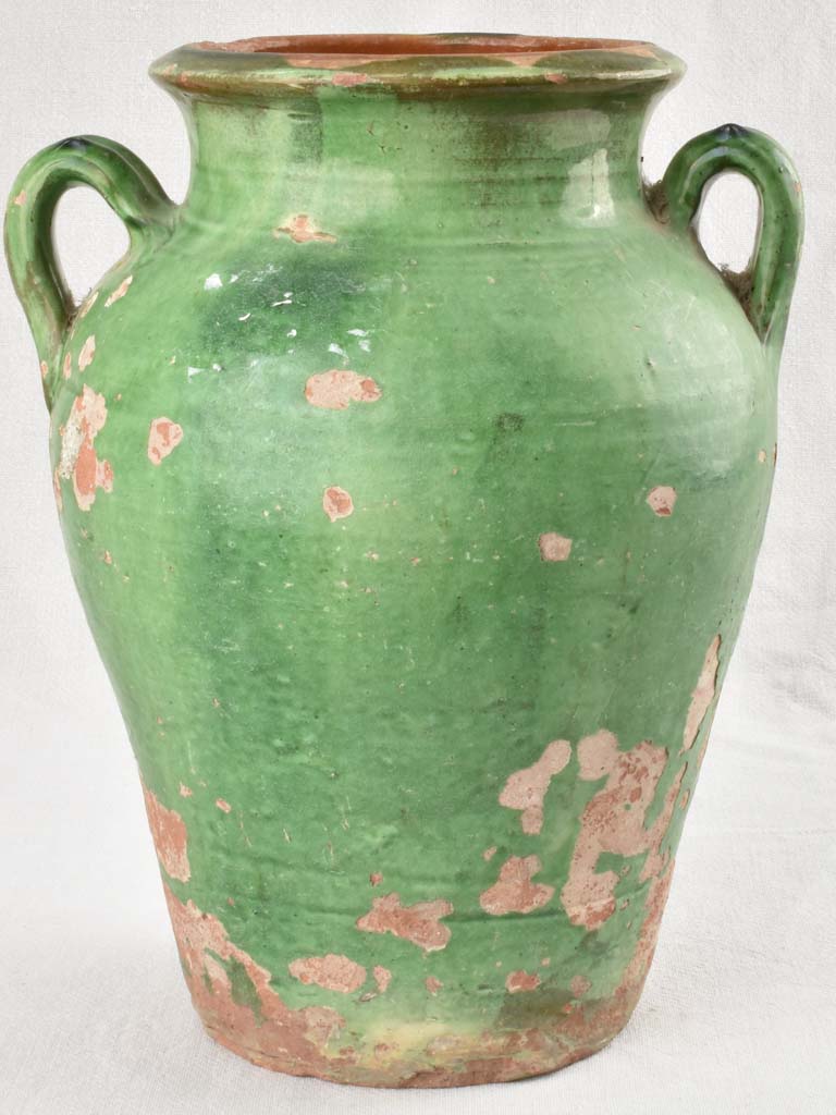 Large antique French oil jar with 2 handles & green glaze 10¼"