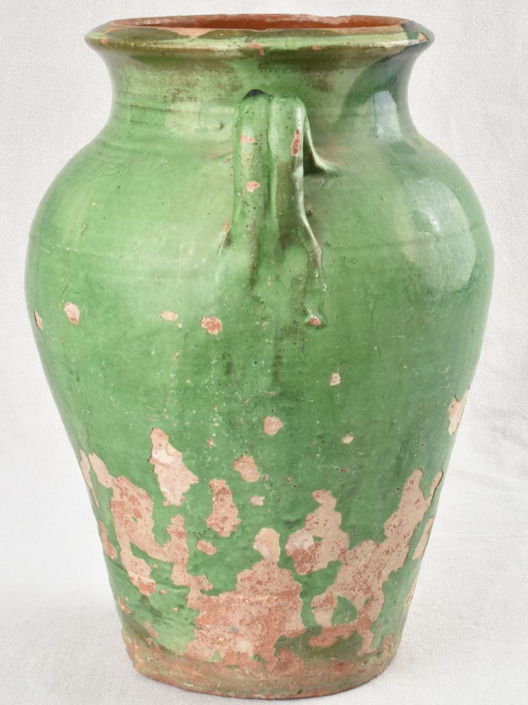 Large antique French oil jar with 2 handles & green glaze 10¼"