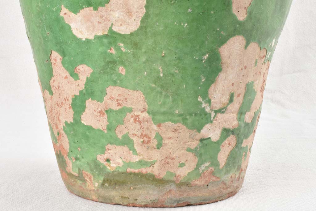 Large antique French oil jar with 2 handles & green glaze 10¼"