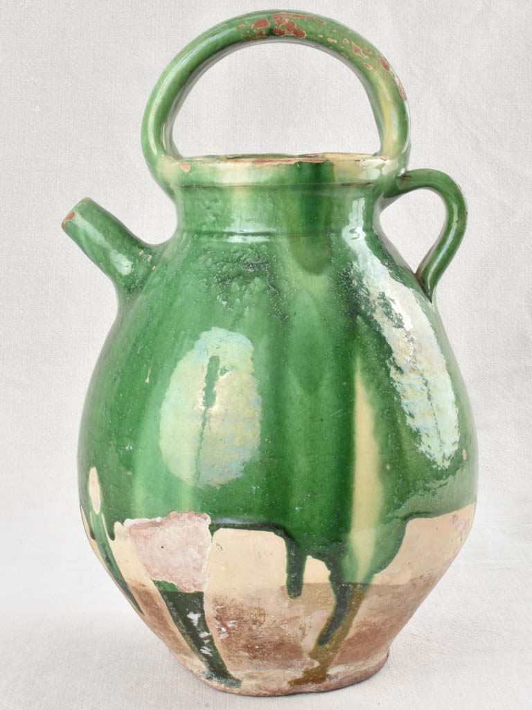 19th century French pitcher with green glaze 15¼"