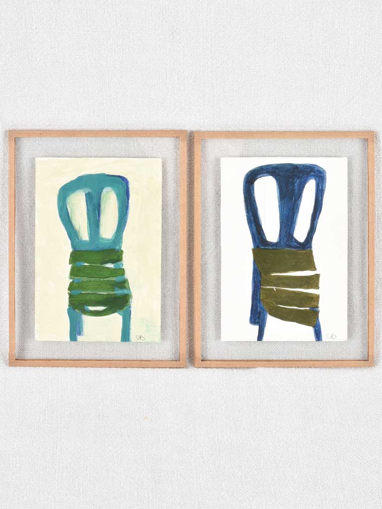 2 miniature paintings of slatted chairs - Caroline Beauzon 5½" x 7"