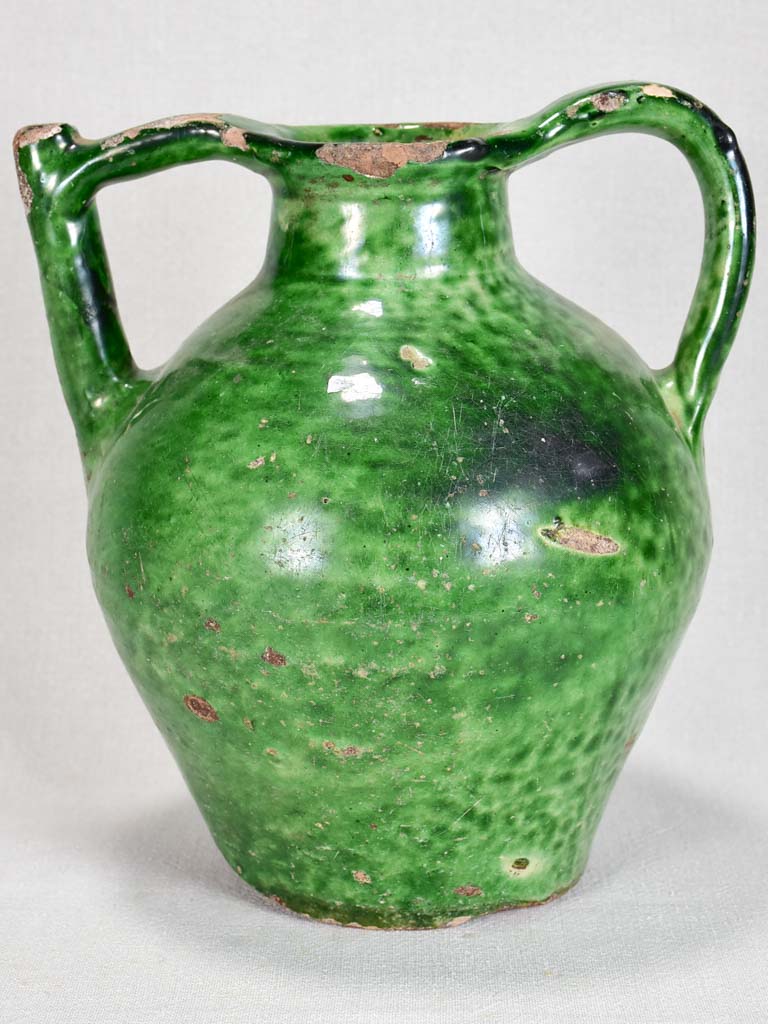 Large antique French water cruche with green glaze 12½"