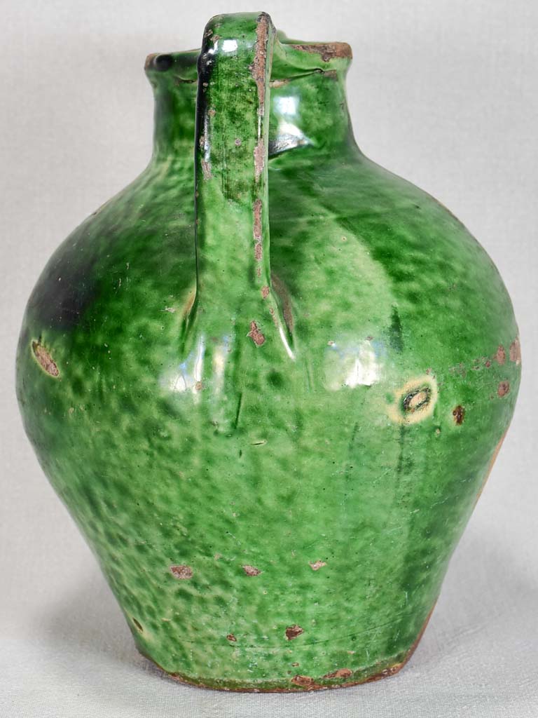 Large antique French water cruche with green glaze 12½"