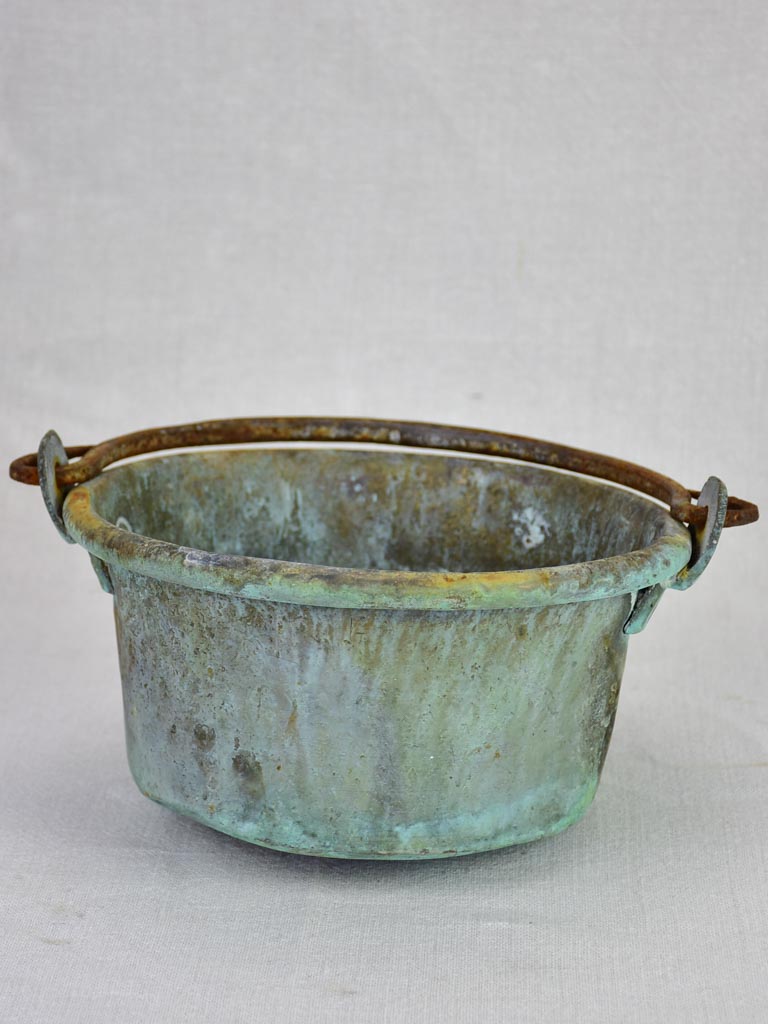 Antique French copper cooking pot with blue patina 9"