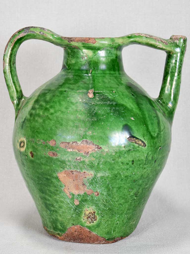 Large antique French water cruche with green glaze 12½"