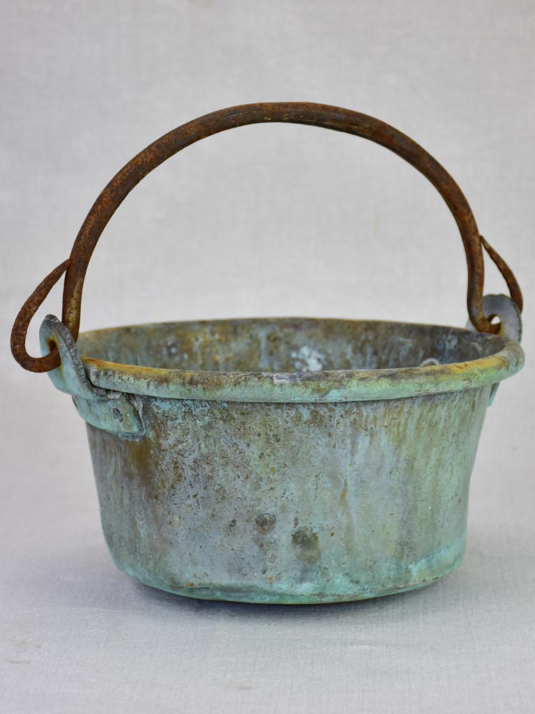 Antique French copper cooking pot with blue patina 9"