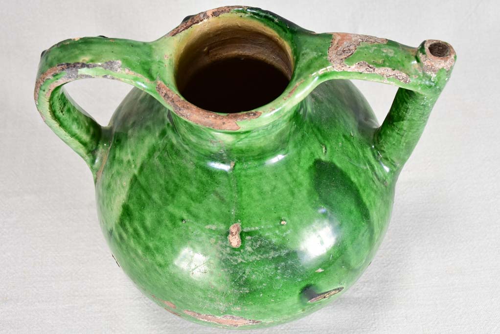 Large antique French water cruche with green glaze 12½"