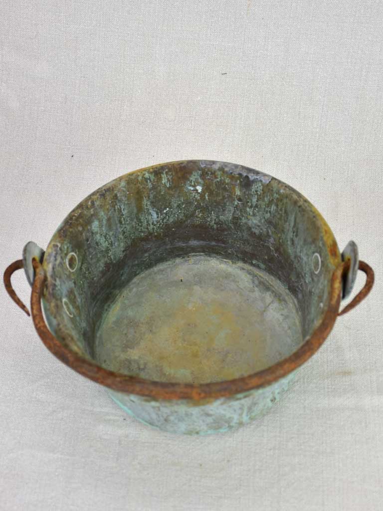 Antique French copper cooking pot with blue patina 9"