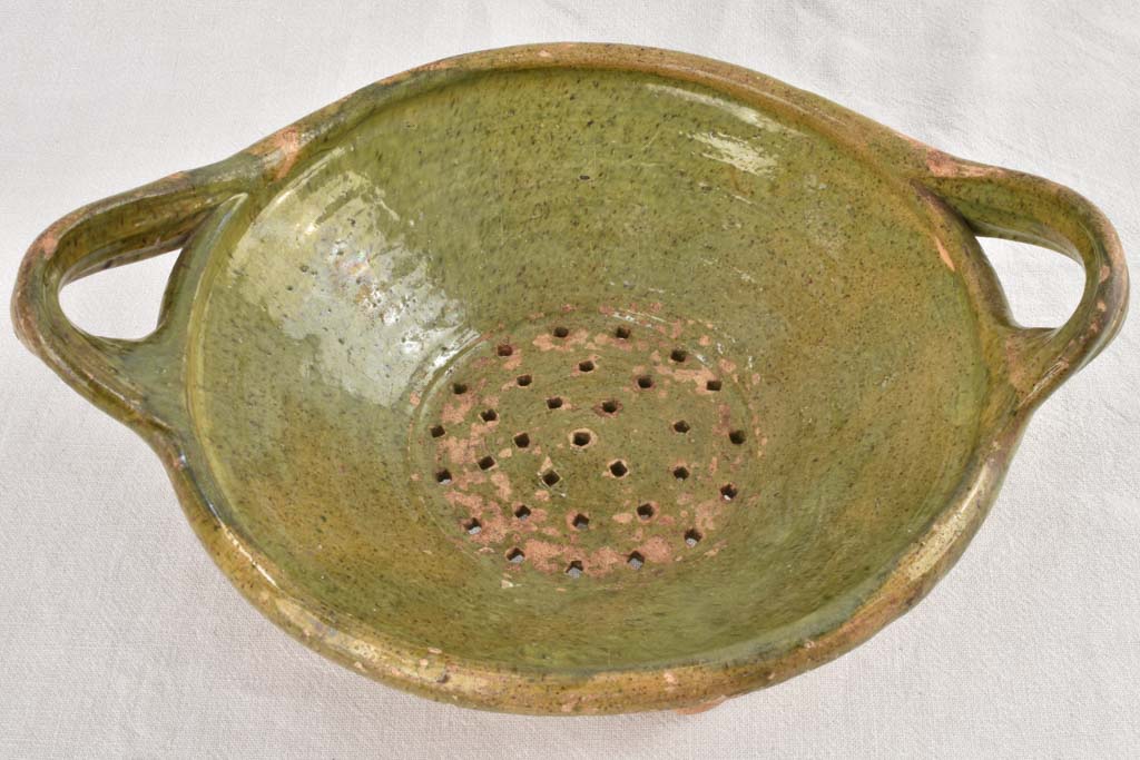 2 rare footed strainer bowls with handles & green glaze 13½"