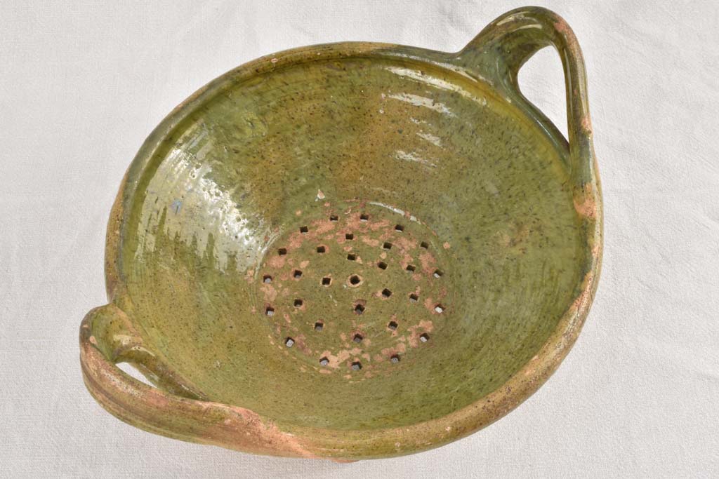 2 rare footed strainer bowls with handles & green glaze 13½"