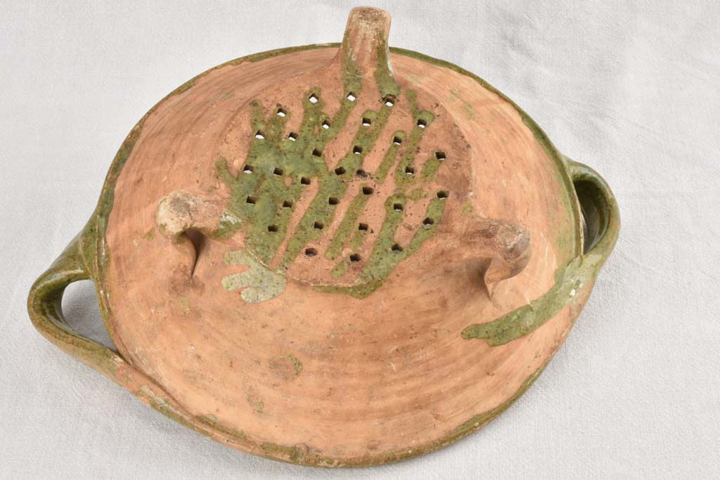 2 rare footed strainer bowls with handles & green glaze 13½"