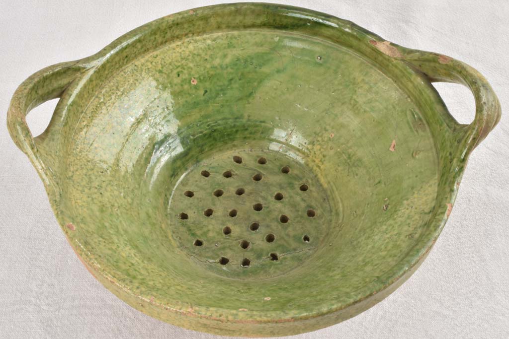 2 rare footed strainer bowls with handles & green glaze 13½"