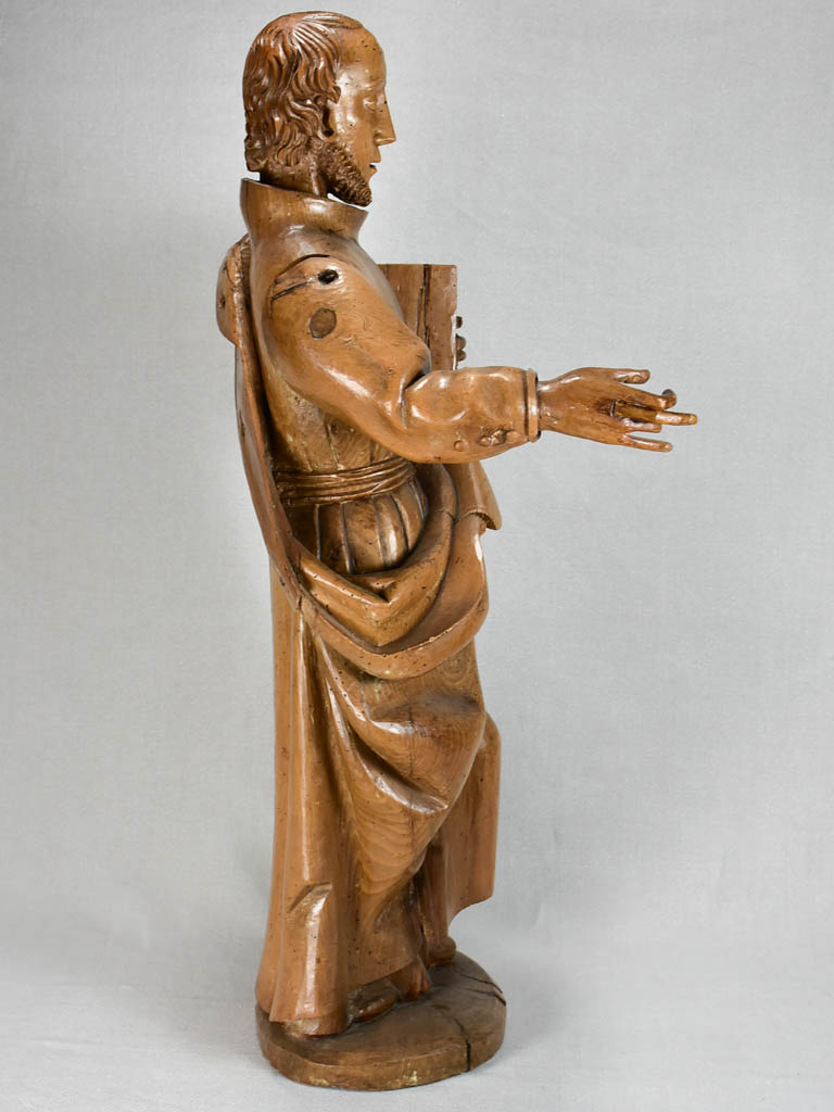 18th-century walnut religious sculpture of a monk 34¾"