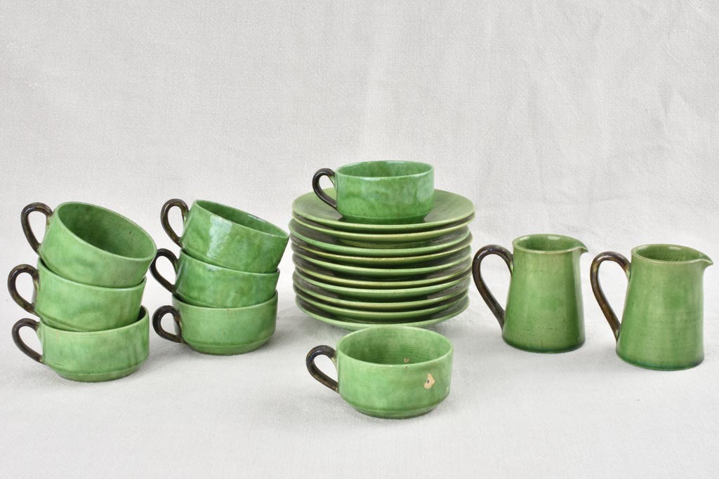 20 piece Dieulefit tea service with green glaze 1940s