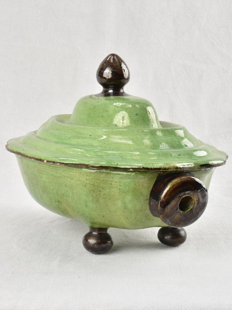 Large green Dieulefit tureen green with brown handles