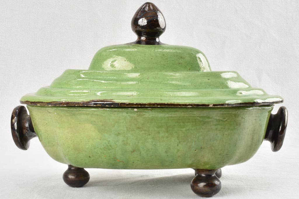 Large green Dieulefit tureen green with brown handles