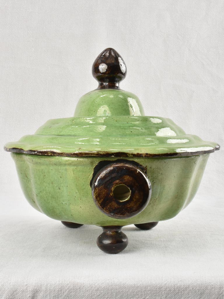 Large green Dieulefit tureen green with brown handles